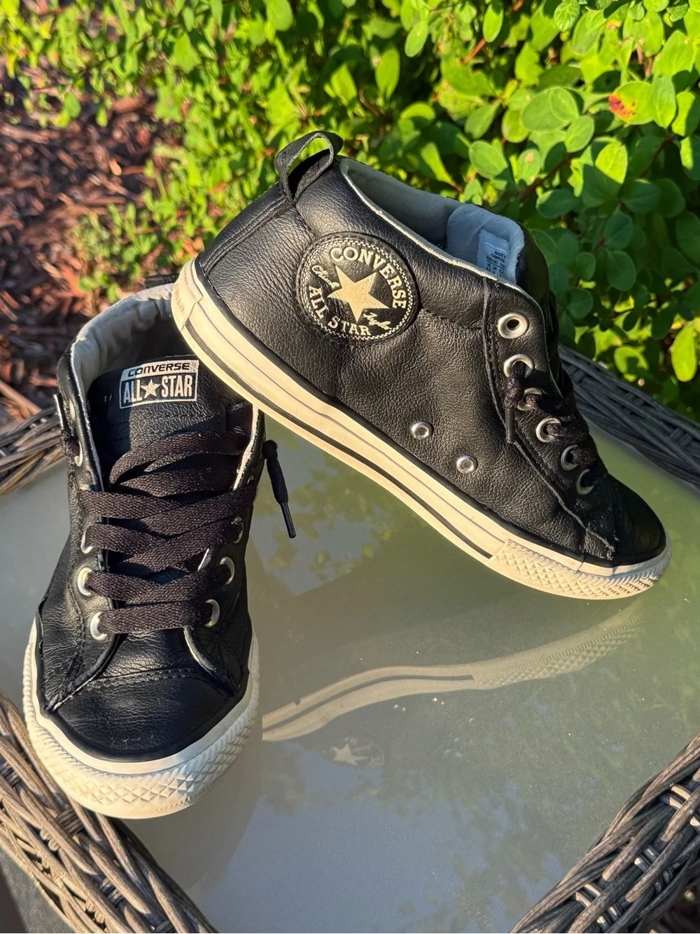 Converse Kids Black Leather All Star Mid-Top Sneakers - Slip In / No Tie - 4.5